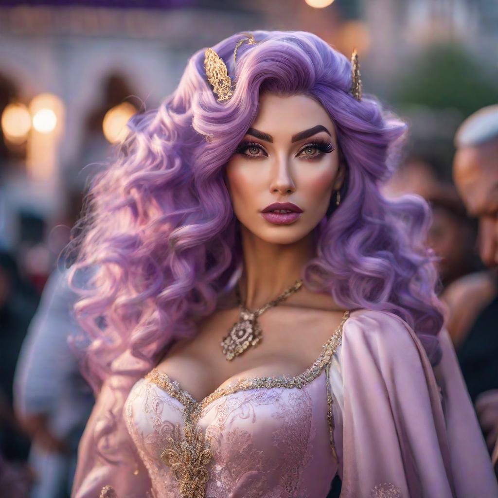  A purple hair princess girl with black eyes live in a Disney world hyperrealistic, full body, detailed clothing, highly detailed, cinematic lighting, stunningly beautiful, intricate, sharp focus, f/1. 8, 85mm, (centered image composition), (professionally color graded), ((bright soft diffused light)), volumetric fog, trending on instagram, trending on tumblr, HDR 4K, 8K