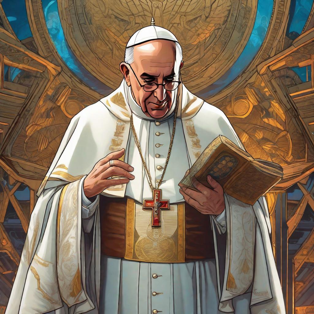  Papa Francisco , marvel comic panel, dc animated comic panel, comic panel, manga and manhwa style panel, portrait, young person face, style for marvel comic, anime comic panel style hyperrealistic, full body, detailed clothing, highly detailed, cinematic lighting, stunningly beautiful, intricate, sharp focus, f/1. 8, 85mm, (centered image composition), (professionally color graded), ((bright soft diffused light)), volumetric fog, trending on instagram, trending on tumblr, HDR 4K, 8K