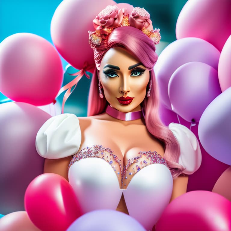  many balloons hyperrealistic, full body, detailed clothing, highly detailed, cinematic lighting, stunningly beautiful, intricate, sharp focus, f/1. 8, 85mm, (centered image composition), (professionally color graded), ((bright soft diffused light)), volumetric fog, trending on instagram, trending on tumblr, HDR 4K, 8K