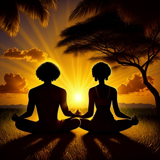  African American woman and man meditating in the sun and its rays with Ghana backdrop