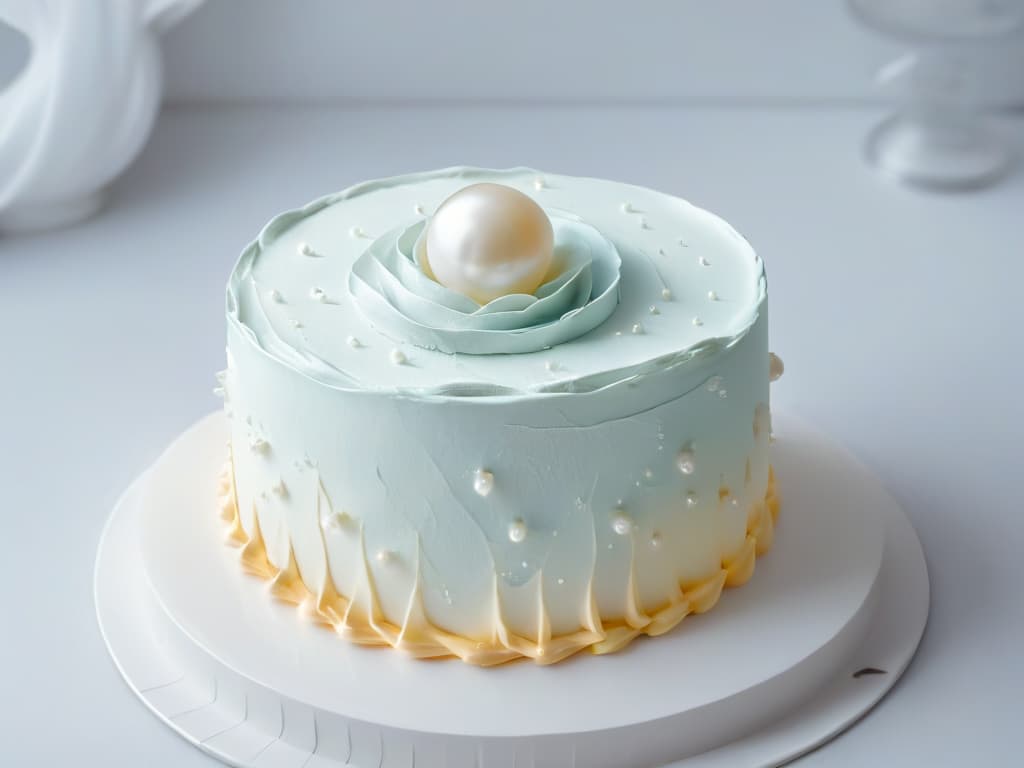  A closeup, ultradetailed image of a single shimmering pearl delicately placed on a pristine white fondant cake, reflecting a soft golden hue from the surrounding ambient light. The intricate textures and flawless surface of the pearl, alongside the subtle shadows it casts, create a mesmerizing and elegant minimalistic composition that embodies sophistication and luxury in pastry decoration. hyperrealistic, full body, detailed clothing, highly detailed, cinematic lighting, stunningly beautiful, intricate, sharp focus, f/1. 8, 85mm, (centered image composition), (professionally color graded), ((bright soft diffused light)), volumetric fog, trending on instagram, trending on tumblr, HDR 4K, 8K