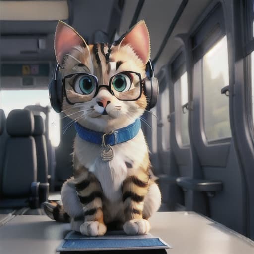  Realistic image of a cat wearing headphones and reading glasses while riding a bus. hyperrealistic, full body, detailed clothing, highly detailed, cinematic lighting, stunningly beautiful, intricate, sharp focus, f/1. 8, 85mm, (centered image composition), (professionally color graded), ((bright soft diffused light)), volumetric fog, trending on instagram, trending on tumblr, HDR 4K, 8K