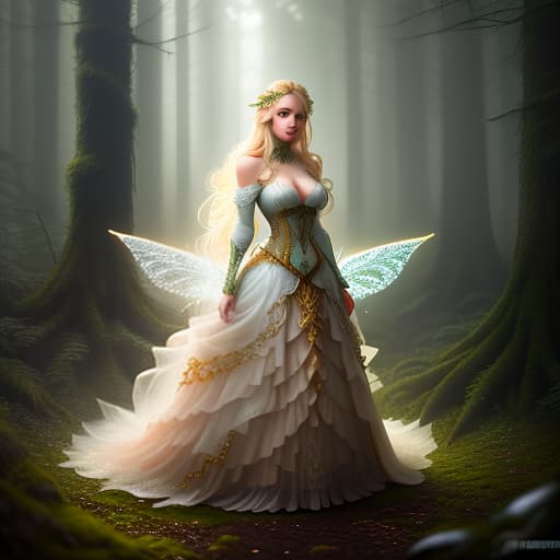  Blonde fairy in the forest hyperrealistic, full body, detailed clothing, highly detailed, cinematic lighting, stunningly beautiful, intricate, sharp focus, f/1. 8, 85mm, (centered image composition), (professionally color graded), ((bright soft diffused light)), volumetric fog, trending on instagram, trending on tumblr, HDR 4K, 8K