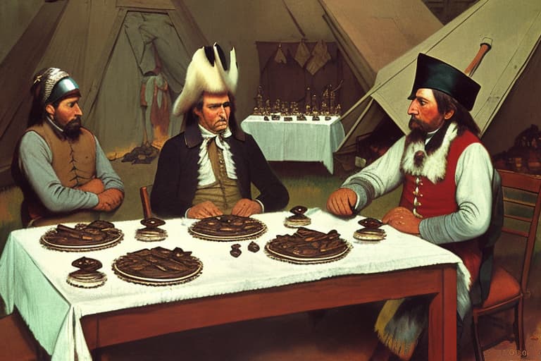  Daniel Boone in Indians at Fort Boonsboro Kentucky Foreground plates of fine dark chocolates on a table. Background Fort Boonsboro Indians soldiers teepees Painting style of Edgar Degas