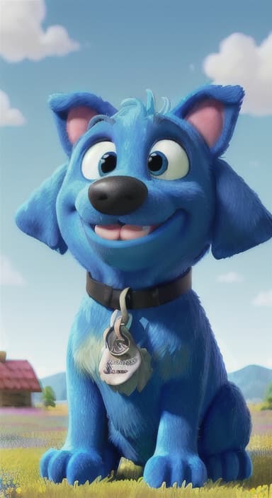  {A happy, big blue dog wagging its tail in a colorful meadow, The big blue dog is large with sky blue fur, big round eyes, a black nose, and floppy ears.