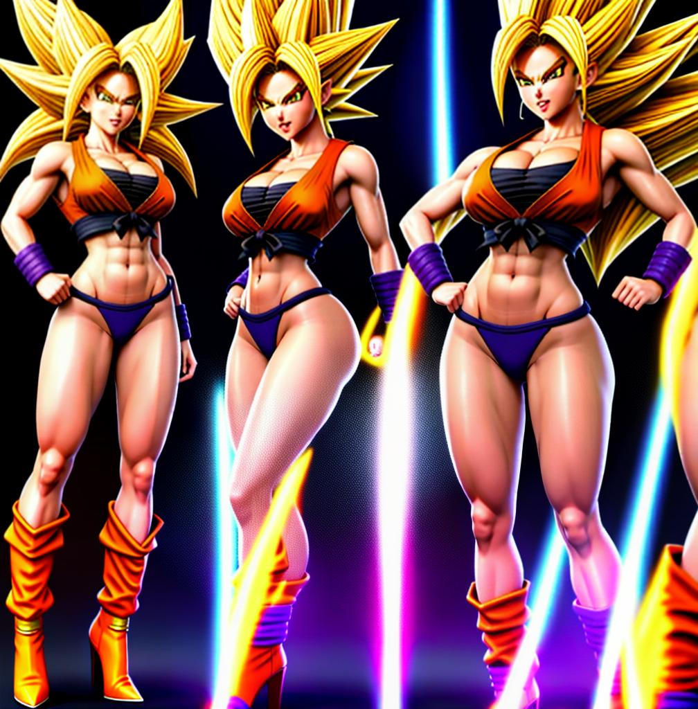  ((foto de cuerpo completo, pie plano, cuerpo recto)), ((laura {Super Super Saiyan mujer con grandes pechos})), ((lleva puesto son goku+Los disfraces de ella son extremadamente ajustados a su cuerpo.))