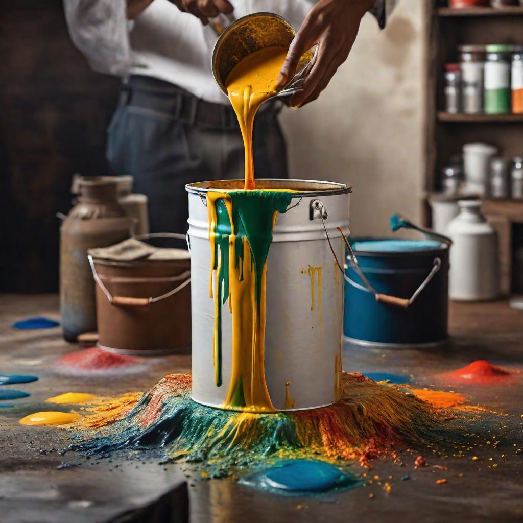  colored paint pouring out of gallon bucket onto canvas. hyperrealistic, full body, detailed clothing, highly detailed, cinematic lighting, stunningly beautiful, intricate, sharp focus, f/1. 8, 85mm, (centered image composition), (professionally color graded), ((bright soft diffused light)), volumetric fog, trending on instagram, trending on tumblr, HDR 4K, 8K