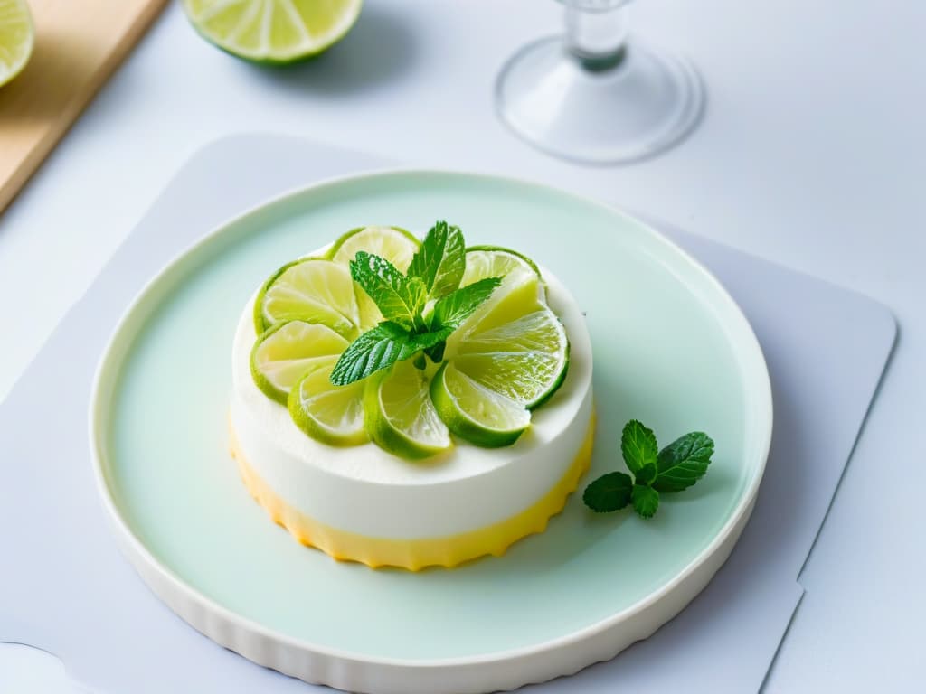  An 8k ultradetailed image of a small, elegant mini tart topped with a slice of fresh lime, garnished with a delicate mint leaf, placed on a sleek, modern plate with a light pastel background, exuding a sense of sophistication and simplicity. hyperrealistic, full body, detailed clothing, highly detailed, cinematic lighting, stunningly beautiful, intricate, sharp focus, f/1. 8, 85mm, (centered image composition), (professionally color graded), ((bright soft diffused light)), volumetric fog, trending on instagram, trending on tumblr, HDR 4K, 8K