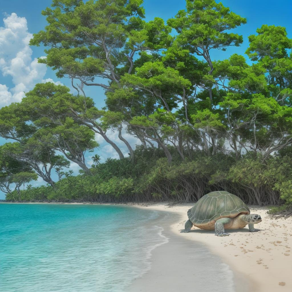  turtle big like island in the back, so many trees and beach