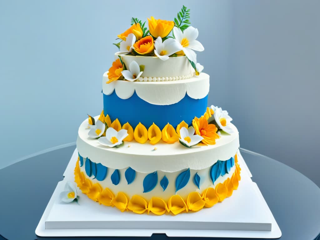  An intricately decorated threetiered cake showcasing a fusion of international baking styles, with delicate sugar flowers representing various cultures adorning each layer. The cake is set against a simple, clean background to emphasize its exquisite details and craftsmanship. hyperrealistic, full body, detailed clothing, highly detailed, cinematic lighting, stunningly beautiful, intricate, sharp focus, f/1. 8, 85mm, (centered image composition), (professionally color graded), ((bright soft diffused light)), volumetric fog, trending on instagram, trending on tumblr, HDR 4K, 8K