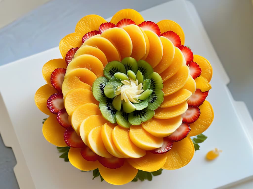  A closeup, ultradetailed image of a delicate, intricate edible flower made from thinly sliced pieces of vibrant fruits and vegetables arranged in a visually stunning pattern. Each petal and leaf is meticulously crafted to showcase the natural colors and textures, creating a visually captivating and aesthetically pleasing decoration that showcases the innovative and conscious approach to pastry design. The play of light and shadow adds depth and dimension to the composition, highlighting the artistry and craftsmanship behind this edible masterpiece. hyperrealistic, full body, detailed clothing, highly detailed, cinematic lighting, stunningly beautiful, intricate, sharp focus, f/1. 8, 85mm, (centered image composition), (professionally color graded), ((bright soft diffused light)), volumetric fog, trending on instagram, trending on tumblr, HDR 4K, 8K