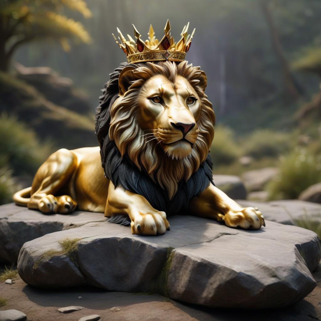  concept art adornment, golden crown, men's crown on a stone for the lion king . digital artwork, illustrative, painterly, matte painting, highly detailed hyperrealistic, full body, detailed clothing, highly detailed, cinematic lighting, stunningly beautiful, intricate, sharp focus, f/1. 8, 85mm, (centered image composition), (professionally color graded), ((bright soft diffused light)), volumetric fog, trending on instagram, trending on tumblr, HDR 4K, 8K