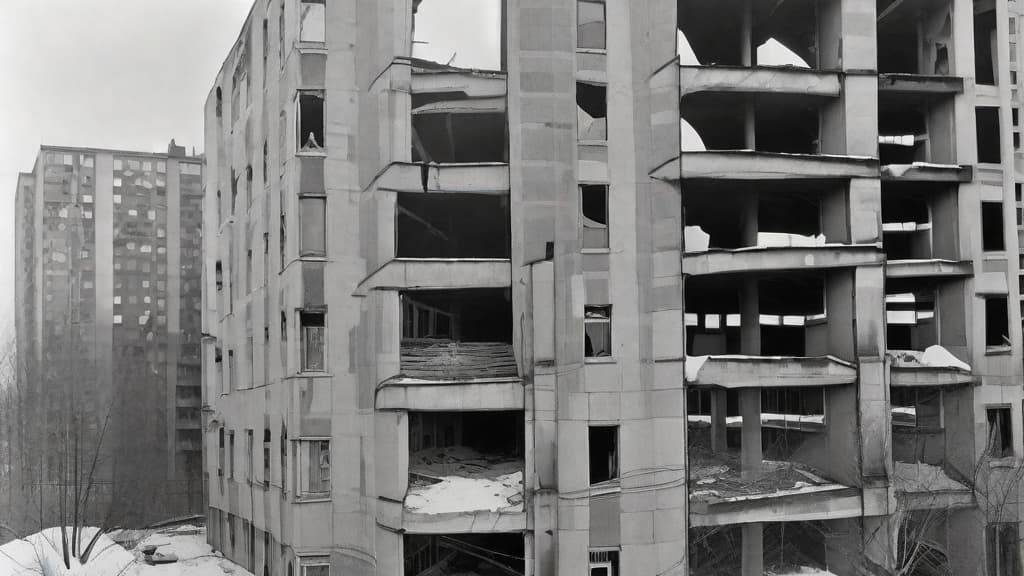  ⃣ Old black and white photo of the building in winter, Soviet multistorey buildings with panoramic windows, concrete walls, postpunk style, construction site. The exterior is made up of geometric shapes. In one part there's an apartment that was damaged by war or fire, the interior has been destroyed and left empty. A view from afar. There’s a garden behind it. ar 16:9