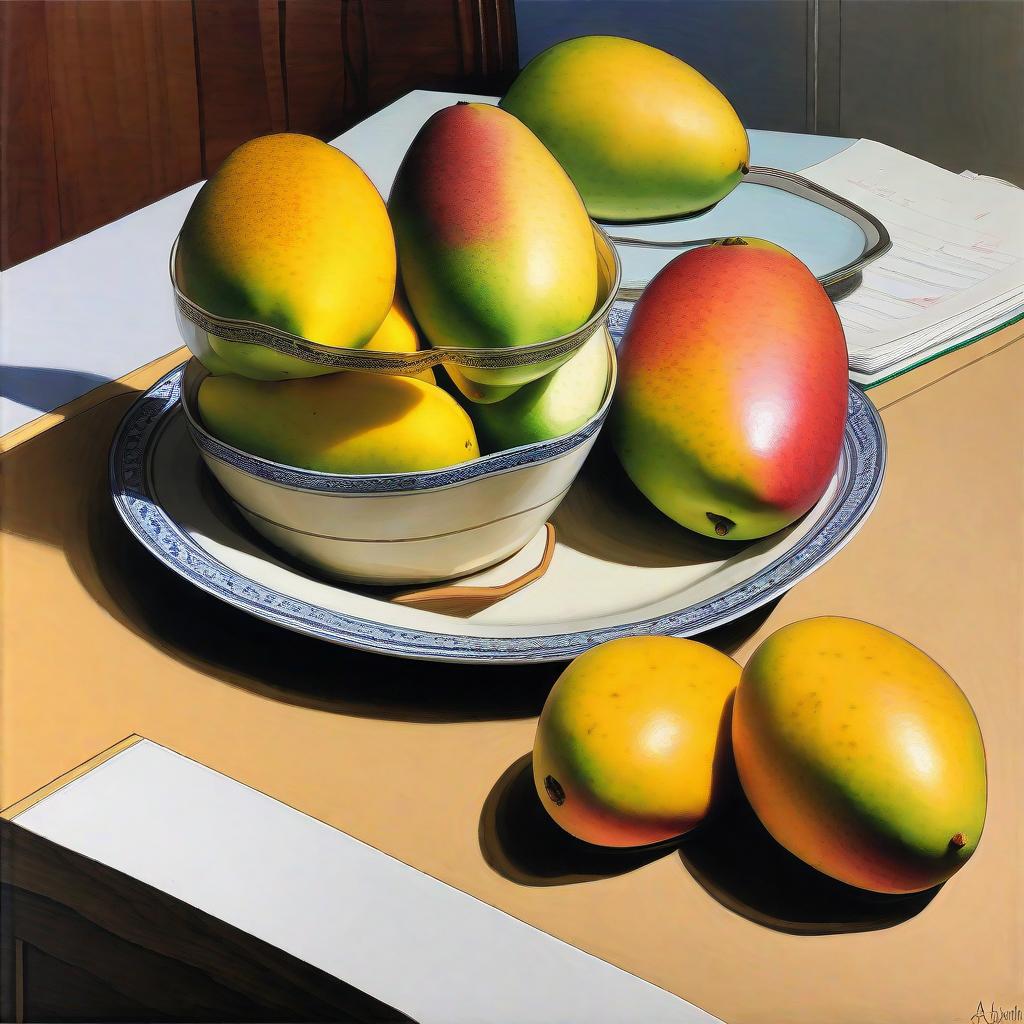  mangoes plated on a desk, ashcan school style art