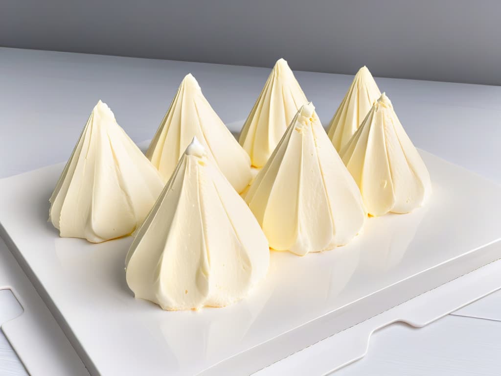  A closeup, minimalist image of glossy white meringue peaks on a baking tray, perfectly shaped and beautifully textured, with a subtle golden tint on the edges to indicate baking perfection. The peaks stand tall and proud, showcasing the ideal consistency achieved through precise temperature control and expert whipping technique. The simplicity of the image highlights the elegance and skill required to create flawless meringues, inspiring readers to strive for perfection in their own culinary creations. hyperrealistic, full body, detailed clothing, highly detailed, cinematic lighting, stunningly beautiful, intricate, sharp focus, f/1. 8, 85mm, (centered image composition), (professionally color graded), ((bright soft diffused light)), volumetric fog, trending on instagram, trending on tumblr, HDR 4K, 8K