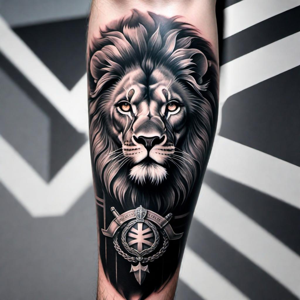  Create an image of a Scottish flag and a rampart lion in black and grey style tattoo. hyperrealistic, full body, detailed clothing, highly detailed, cinematic lighting, stunningly beautiful, intricate, sharp focus, f/1. 8, 85mm, (centered image composition), (professionally color graded), ((bright soft diffused light)), volumetric fog, trending on instagram, trending on tumblr, HDR 4K, 8K