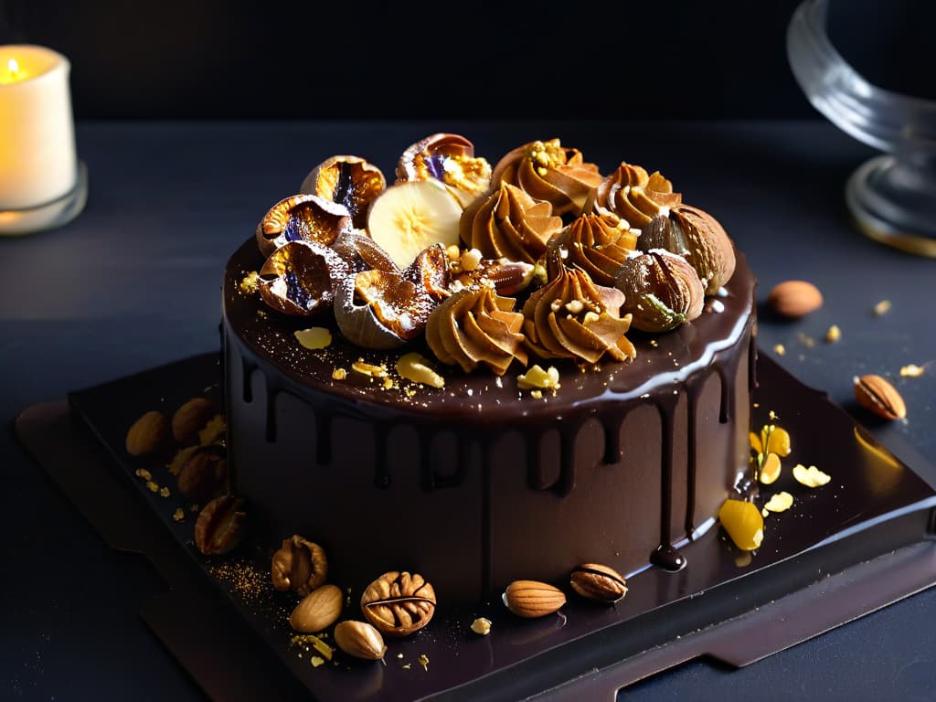  An ultradetailed image of a luxurious chocolate cake topped with a drizzle of rich walnut oil, surrounded by a sprinkling of finely chopped walnuts and edible gold flakes. The cake sits on a sleek, modern white plate, set against a stark black backdrop that enhances the contrast and highlights the decadent dessert. The glossy sheen of the chocolate ganache reflects the ambient lighting, creating a visually stunning and deliciously tempting composition that perfectly embodies the fusion of gourmet elegance and healthy indulgence in walnut oilinfused pastry. hyperrealistic, full body, detailed clothing, highly detailed, cinematic lighting, stunningly beautiful, intricate, sharp focus, f/1. 8, 85mm, (centered image composition), (professionally color graded), ((bright soft diffused light)), volumetric fog, trending on instagram, trending on tumblr, HDR 4K, 8K