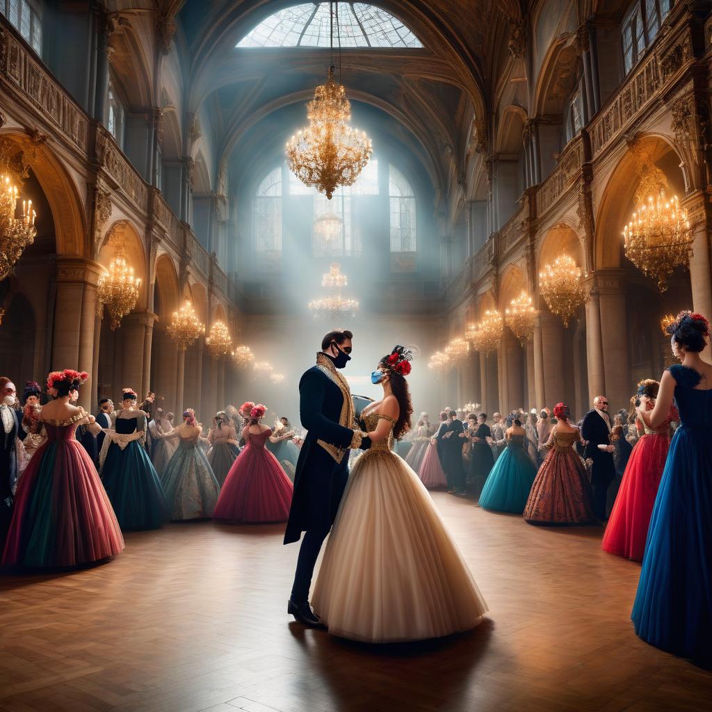  A young couple at a masquerade ball in masquerade masks, whirling in a fast waltz rhythm, in Baroque and Renaissance outfits. In a huge hall with high ceilings. Other guests of the ball are waltzing around. The presence of a small haze. High detail. High quality. HDR hyperrealistic, full body, detailed clothing, highly detailed, cinematic lighting, stunningly beautiful, intricate, sharp focus, f/1. 8, 85mm, (centered image composition), (professionally color graded), ((bright soft diffused light)), volumetric fog, trending on instagram, trending on tumblr, HDR 4K, 8K