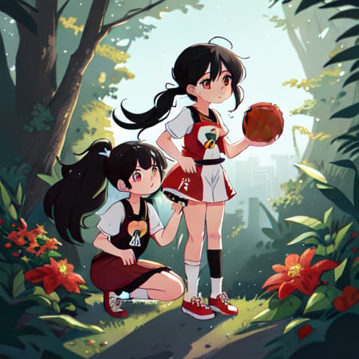  anime girl black hair bright dark brown eyes red and white basketball uniform with the number 18 and the name Nicky white and black shoes Have your hair in a medium high ponytail with two strands on the sides of your ears, have a basketball and look full body Pastel Palette, Da Vinci's Dreams, Picasso's , Sunrise Splendors, Floral Fantasy, Mystical Moonscapes, Urban Nature, Crystal Clear, Cinematic hyperrealistic, full body, detailed clothing, highly detailed, cinematic lighting, stunningly beautiful, intricate, sharp focus, f/1. 8, 85mm, (centered image composition), (professionally color graded), ((bright soft diffused light)), volumetric fog, trending on instagram, trending on tumblr, HDR 4K, 8K