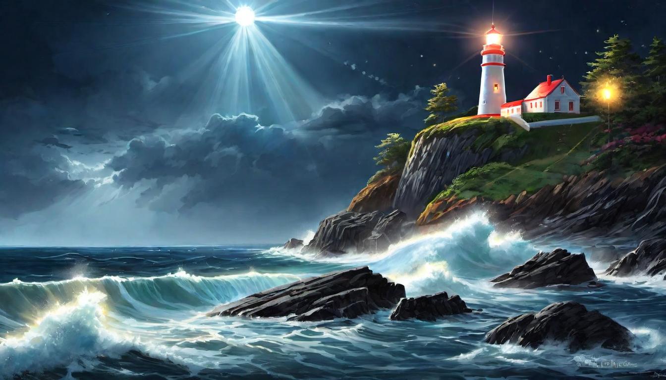  digital illustration, lighthouse on a cliff, bright beam piercing through dark sky, symbolizing hope, inspirational, guiding light, looking at viewer, dynamic pose, (intricate details, masterpiece, best quality)