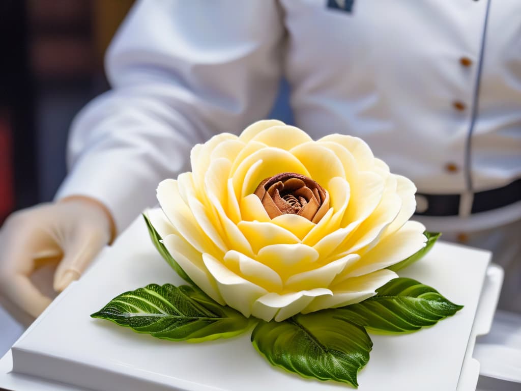  A highresolution, ultradetailed image of a delicate, intricate sugar flower being meticulously crafted by a skilled pastry chef's hands. The chef's fingers are elegantly shaping the petals and leaves with precision, showcasing the fusion of modern techniques and classic artistry in pastry making. The background is a soft focus on a sleek, minimalist kitchen setting, enhancing the focus on the artful creation of the sugar flower. hyperrealistic, full body, detailed clothing, highly detailed, cinematic lighting, stunningly beautiful, intricate, sharp focus, f/1. 8, 85mm, (centered image composition), (professionally color graded), ((bright soft diffused light)), volumetric fog, trending on instagram, trending on tumblr, HDR 4K, 8K