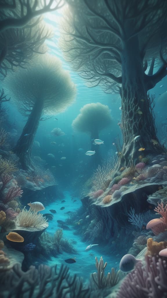  8K Ultra HD, highly detailed, super realistic, Underwater Forest, a detailed illustration depicting a mysterious forest that spreads on the seabed, a fantastic sight of trees standing in the sea and glittering creatures, Adobe Illustrator, pixiv, luminism, 3d render, octane render, Isometric, by yukisakura, awesome full color,