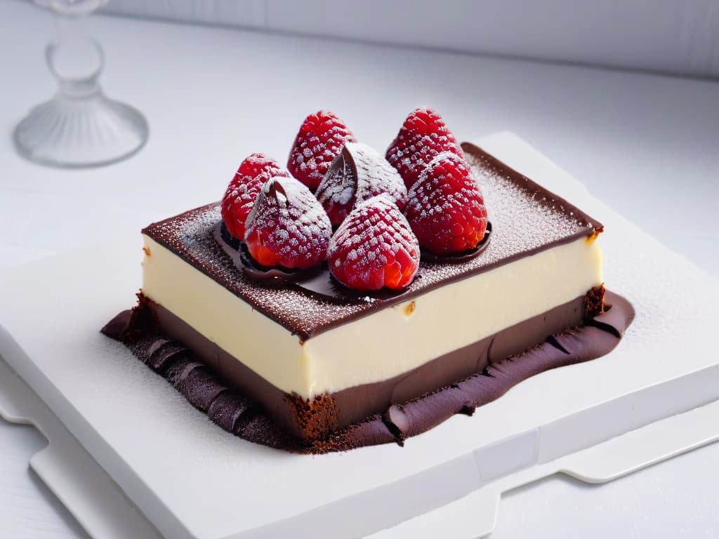  A closeup, ultradetailed image of a perfectly crafted, decadent chocolate dessert placed on a pristine white plate. The dessert is elegantly decorated with intricate chocolate shavings, delicate edible gold leaf, and a single vibrant raspberry on top. The glossy surface of the dessert reflects the soft ambient lighting, highlighting every exquisite detail and creating a visually striking and mouthwatering composition. hyperrealistic, full body, detailed clothing, highly detailed, cinematic lighting, stunningly beautiful, intricate, sharp focus, f/1. 8, 85mm, (centered image composition), (professionally color graded), ((bright soft diffused light)), volumetric fog, trending on instagram, trending on tumblr, HDR 4K, 8K