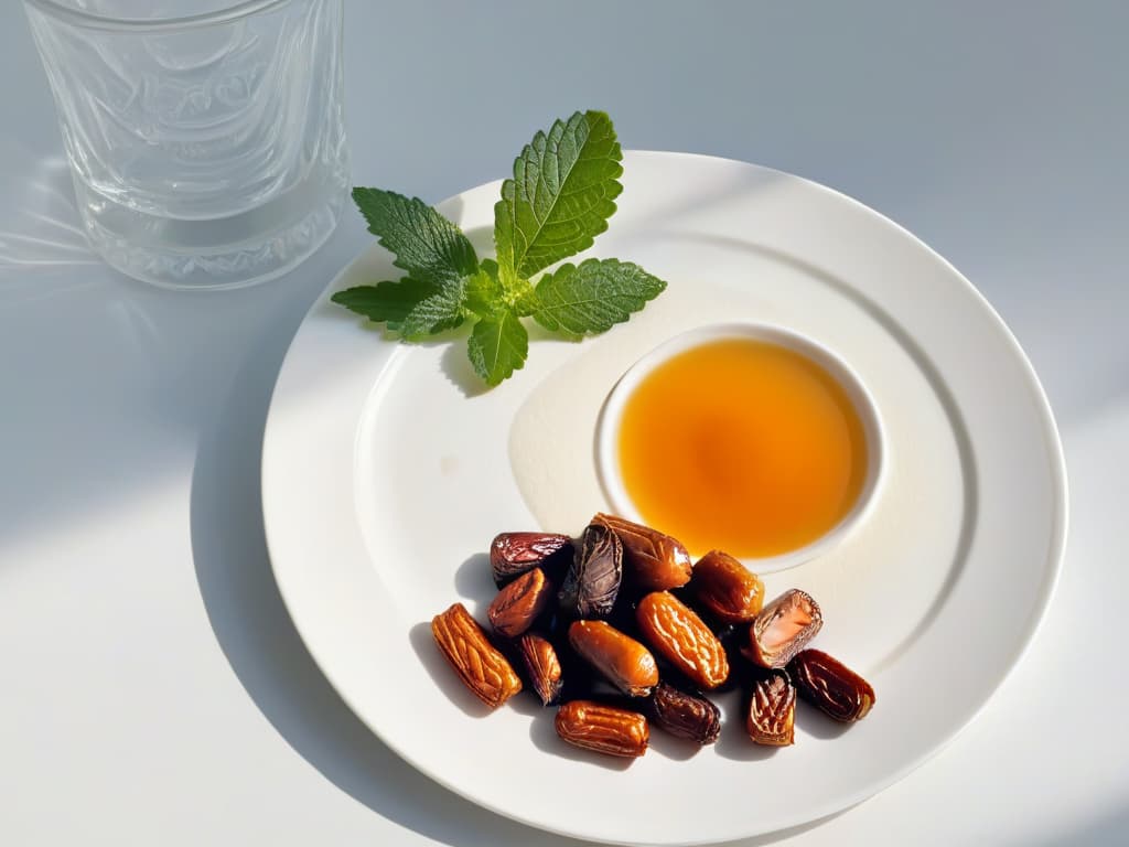  A closeup, ultradetailed image of a variety of natural sweeteners like honey, stevia leaves, maple syrup, and dates neatly arranged on a sleek, modern, white ceramic plate. Each sweetener is carefully placed with precision, showcasing their different textures, colors, and origins. The natural light shining on the plate creates a soft, elegant shadow, emphasizing the purity and simplicity of the ingredients. The image conveys a sense of sophistication and natural beauty, perfect for the informative yet inspiring tone of the article. hyperrealistic, full body, detailed clothing, highly detailed, cinematic lighting, stunningly beautiful, intricate, sharp focus, f/1. 8, 85mm, (centered image composition), (professionally color graded), ((bright soft diffused light)), volumetric fog, trending on instagram, trending on tumblr, HDR 4K, 8K