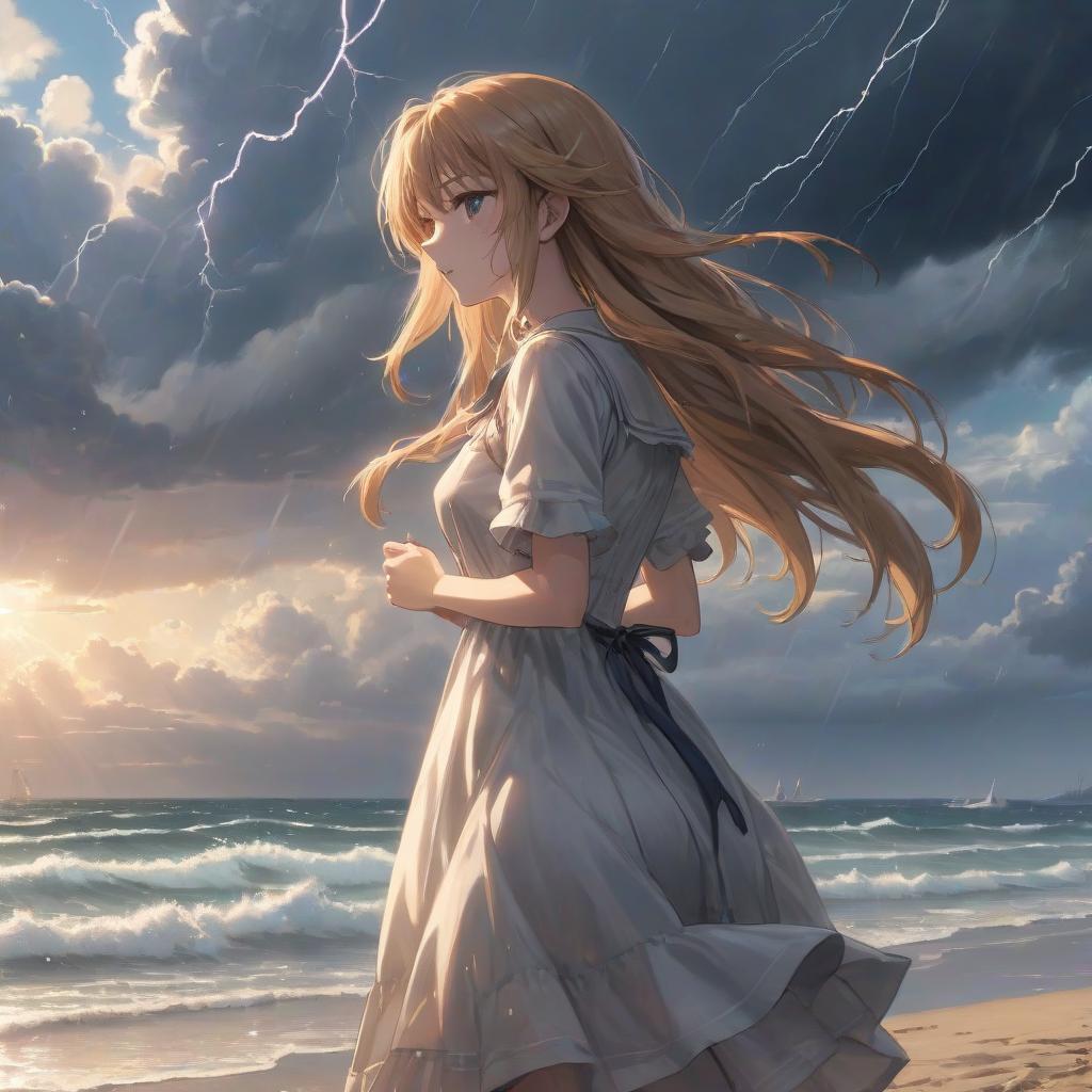  anime artwork , anime style, with long hair, bright sunny weather, summer dress blowing in wind, stands far away from the ocean, has a melancholic expression, detailed face, around sand, subdued lighting, nostalgic atmosphere, hazy effect, anime style, side view, looking at the ocean, in her hands a camera, rain and wind everywhere, far through the clouds can be seen rays of sunlight, extremely strong storm, almost nothing can be seen through it, a mad storm, the barely manages to stay on her feet due to the strong wind, dark sky because of the clouds, mive lightning strikes . anime style, key visual, vint, studio anime, highly detailed hyperrealistic, full body, detailed clothing, highly detailed, cinematic lighting, stunningly beautiful, intricate, sharp focus, f/1. 8, 85mm, (centered image composition), (professionally color graded), ((bright soft diffused light)), volumetric fog, trending on instagram, trending on tumblr, HDR 4K, 8K