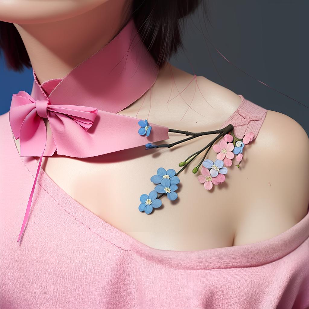  masterpiece, best quality, Breast cancer ribbon blowing in the wind with a single cherry blossom and blue forget me not flower for clavicle