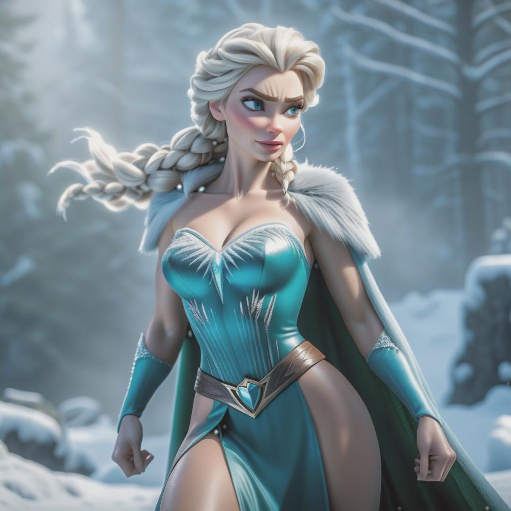  Elsa from the Cold Heart is fighting with Hulk hyperrealistic, full body, detailed clothing, highly detailed, cinematic lighting, stunningly beautiful, intricate, sharp focus, f/1. 8, 85mm, (centered image composition), (professionally color graded), ((bright soft diffused light)), volumetric fog, trending on instagram, trending on tumblr, HDR 4K, 8K