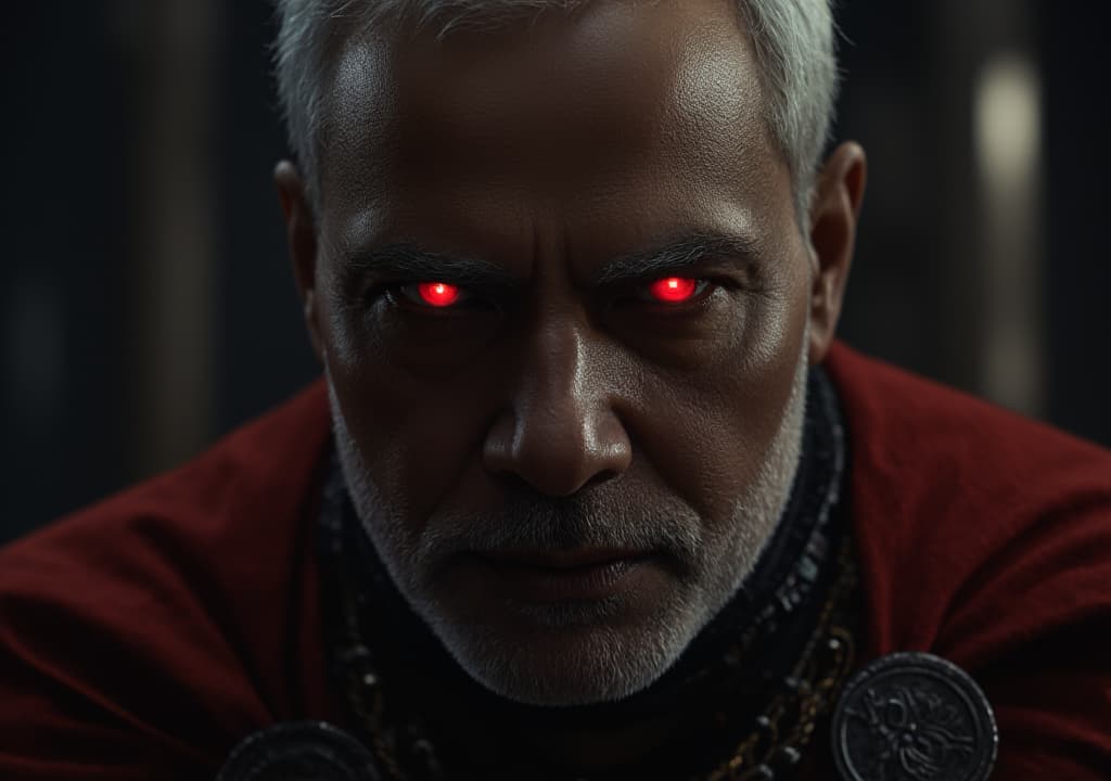  good quality, high quality, a hyper realistic close up portrait of narendra modi, with his glowing red eyes piercing through the darkness, wearing hus iconic red cape and narendra modi armor, with intricate details, looking directly to the camera , mahabharat blurred background , emphasizes his fierce presence, dark palette, cinematic, epic realism,8k, highly detailed