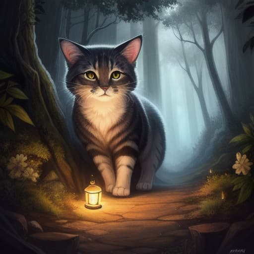  watercolor, storybook, child-book, A cute anthropomorphic cat looking at a large dark forest with a hesitant expression, the forest entrance is shadowy and foreboding, but the cat holds a small bright lantern, cute anthropomorphic cat, dark forest, best quality, very detailed, high resolution, sharp, sharp image hyperrealistic, full body, detailed clothing, highly detailed, cinematic lighting, stunningly beautiful, intricate, sharp focus, f/1. 8, 85mm, (centered image composition), (professionally color graded), ((bright soft diffused light)), volumetric fog, trending on instagram, trending on tumblr, HDR 4K, 8K