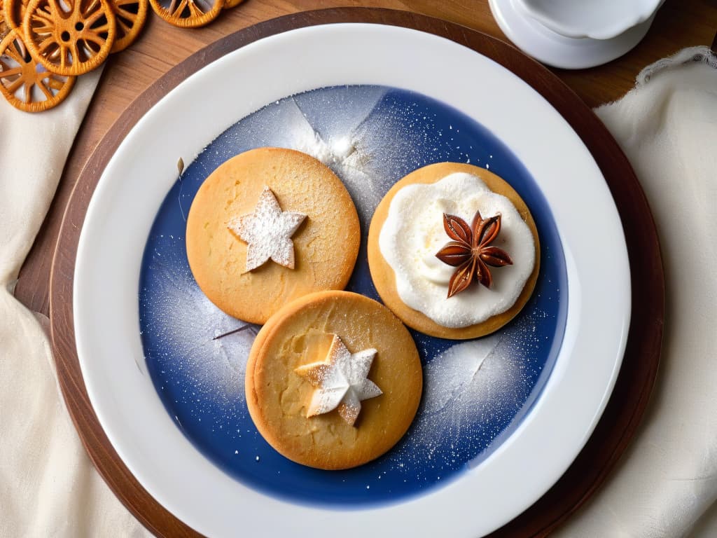  An image of a perfectly goldenbrown Ghriba cookie, sprinkled with crushed almonds and surrounded by a delicate dusting of powdered sugar, resting on a rustic ceramic plate with intricate Moroccan patterns. The cookie is set against a simple, clean background that emphasizes the cookie's texture and the subtle details of the plate, capturing the essence of authentic Moroccan baking in a minimalist and elegant style. hyperrealistic, full body, detailed clothing, highly detailed, cinematic lighting, stunningly beautiful, intricate, sharp focus, f/1. 8, 85mm, (centered image composition), (professionally color graded), ((bright soft diffused light)), volumetric fog, trending on instagram, trending on tumblr, HDR 4K, 8K