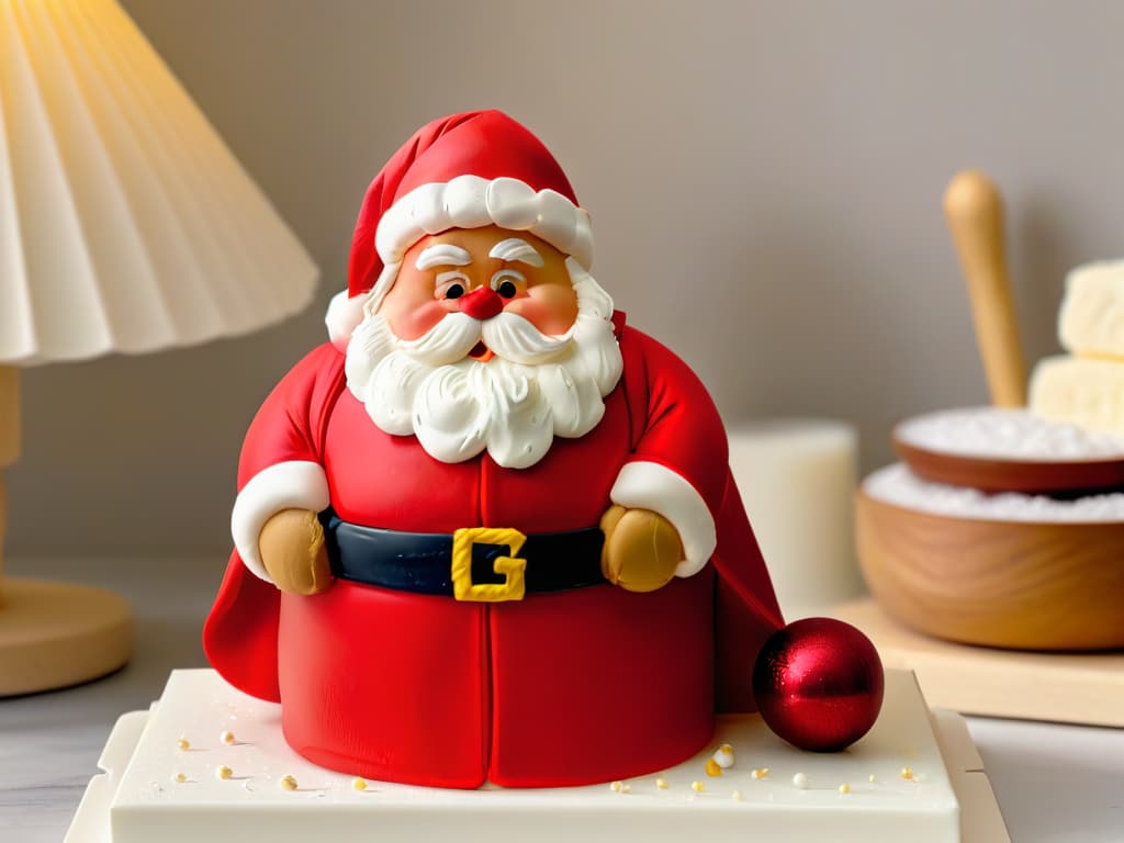  A closeup, ultradetailed image of a perfectly sculpted marzipan figurine of Santa Claus, with intricate folds on his robe, delicate facial features, and a tiny sack of gifts slung over his shoulder. The marzipan figurine is set against a soft, blurred background of a festive kitchen scene, with a sprinkle of powdered sugar resembling snow gently dusted around the base of the Santa figurine. The lighting is warm and inviting, emphasizing the rich almond tones of the marzipan and creating a cozy, nostalgic holiday atmosphere. hyperrealistic, full body, detailed clothing, highly detailed, cinematic lighting, stunningly beautiful, intricate, sharp focus, f/1. 8, 85mm, (centered image composition), (professionally color graded), ((bright soft diffused light)), volumetric fog, trending on instagram, trending on tumblr, HDR 4K, 8K