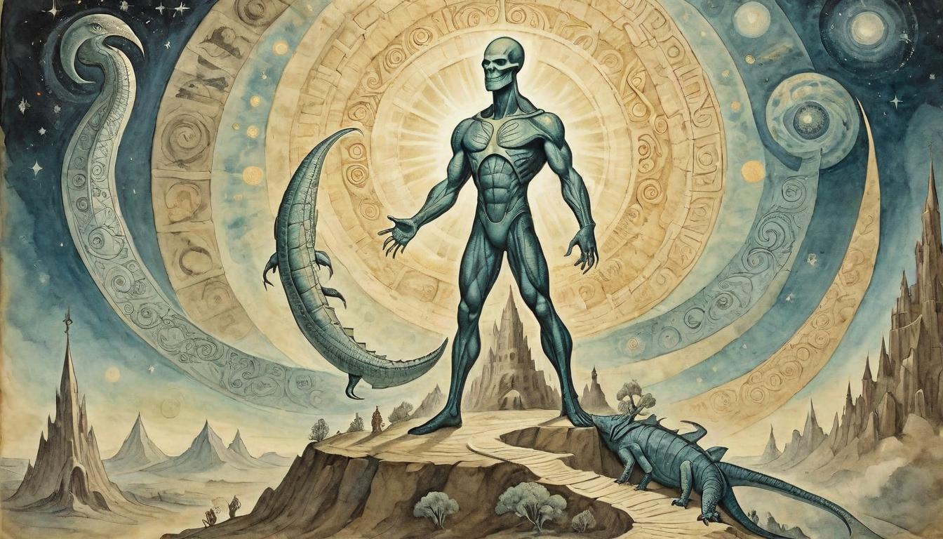  on parchment, surrealism+++, Human figure surrounded by ascending light beams, reptilian figure at the base with strong, supportive stance, background of cosmic patterns, symbolizing structure, spiritual aspirations(mysterious, provocative, symbolic,muted color)+++