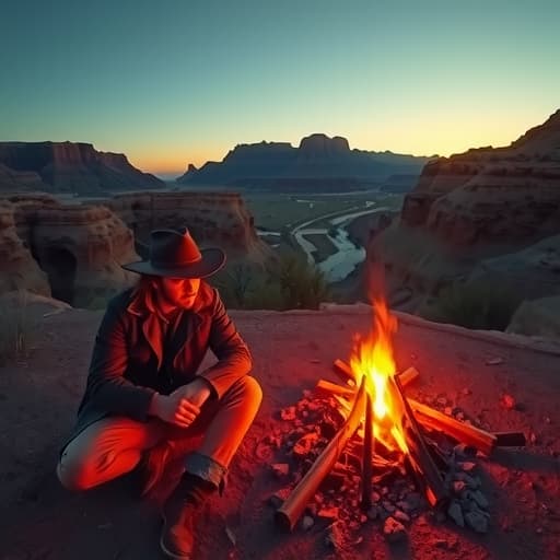  create a western inspired photograph shot in 50mm from a first person view sitting around a campfire. also inspired by roger deakins cinematogrphy work. this photograph has to emphasize tension and each section is motivating each other to tell a story. in the midground shows a railway going into a man sized mining cavern. the overall scene is set in a desert setting at dawn just before the sunrise. the scene is seperated in three sections, the foreground, middleground, and background. the background shows a deep canyon below with rugged rock formations and a winding river that tapers down into the distance. the midground appears closer to your area at around 100 ft away and comprises part of a canyonside. within this canyonside you see a ra hyperrealistic, full body, detailed clothing, highly detailed, cinematic lighting, stunningly beautiful, intricate, sharp focus, f/1. 8, 85mm, (centered image composition), (professionally color graded), ((bright soft diffused light)), volumetric fog, trending on instagram, trending on tumblr, HDR 4K, 8K