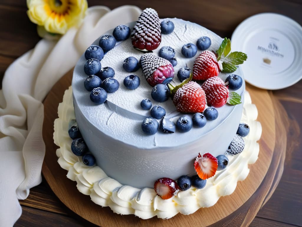  A photorealistic image of a beautifully decorated vegan keto cake, sitting on a rustic wooden table. The cake is adorned with fresh berries, edible flowers, and a light dusting of powdered sugar. The lighting is soft and natural, highlighting the intricate details of the cake's decoration and the textures of the ingredients. hyperrealistic, full body, detailed clothing, highly detailed, cinematic lighting, stunningly beautiful, intricate, sharp focus, f/1. 8, 85mm, (centered image composition), (professionally color graded), ((bright soft diffused light)), volumetric fog, trending on instagram, trending on tumblr, HDR 4K, 8K