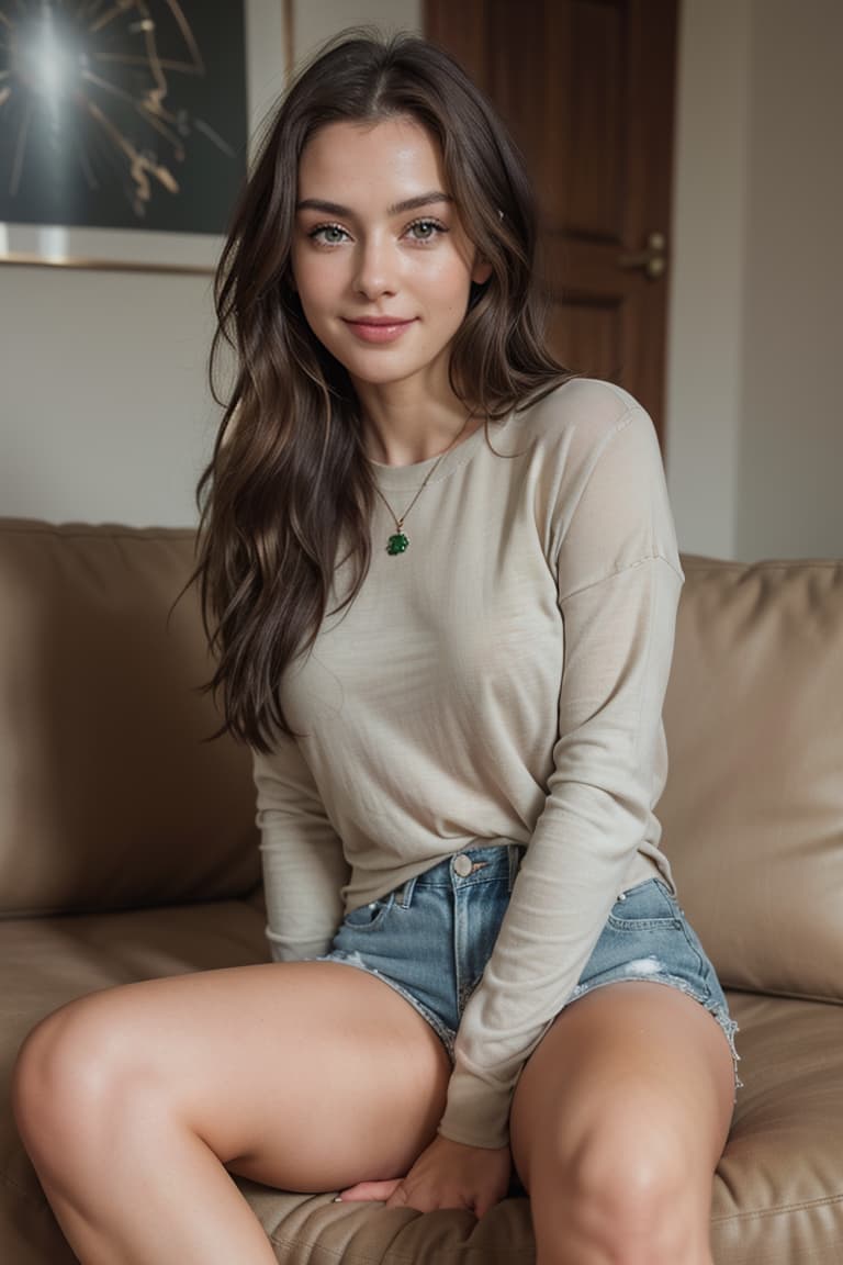  photo of a cute 20 year woman with German ethnicity, dark brown hair, and green eyes showing her face and smile, fully clothed,fully clothed,indoors in a cozy living room,sitting on a comfortable couch, masterpiece, best quality, (photorealistic:1.4), perfect lighting, (photorealism:1.4), beautiful, best quality, aesthetic, high quality, best quality, 4k, erotic, perfect lighting, masterpiece, symmetric eyes