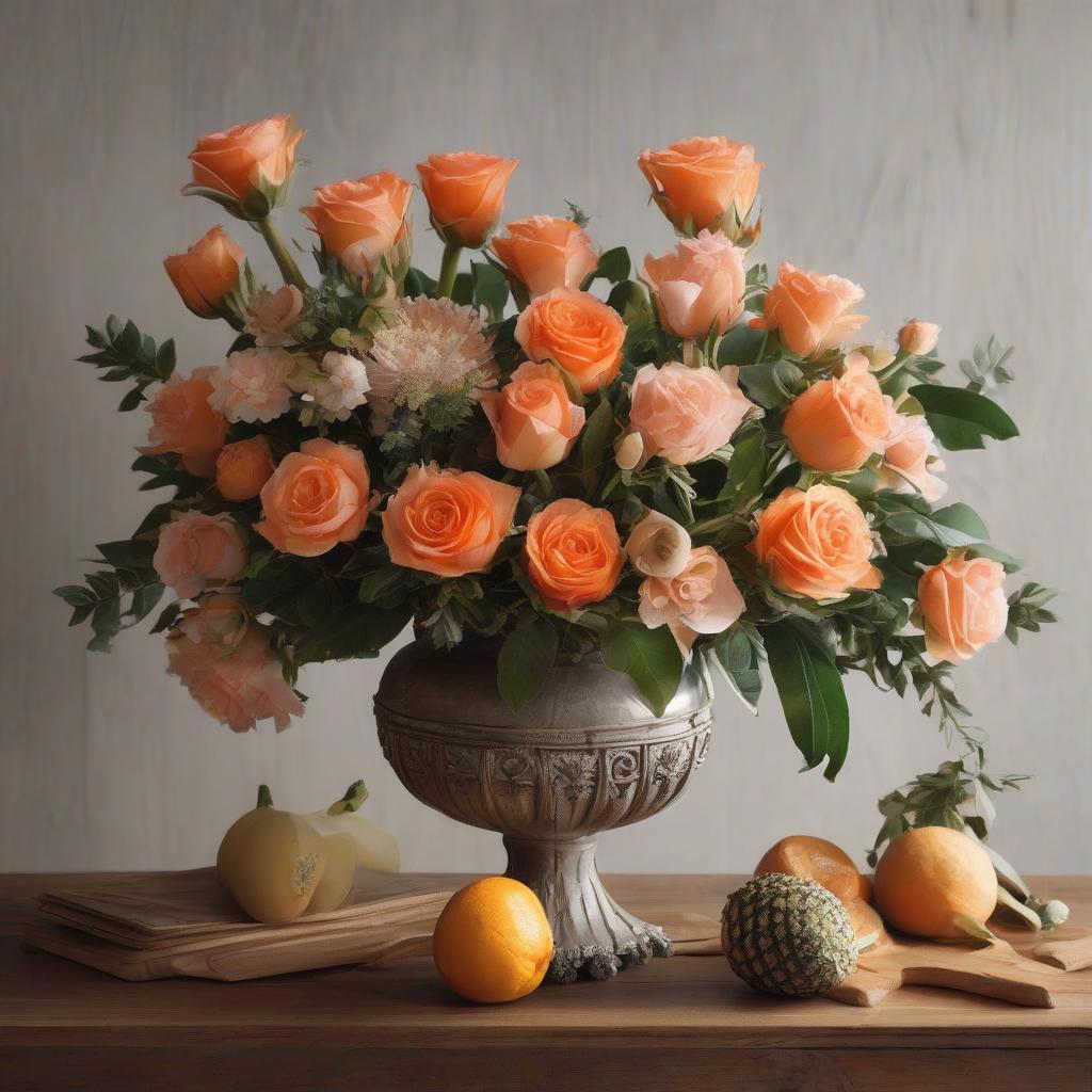  (Banana, orange and pineapple) stand next to a beautiful vase, ((next to it stands a vase with roses)), in the background, still life, Dutch painting, high brushstroke detail. hyperrealistic, full body, detailed clothing, highly detailed, cinematic lighting, stunningly beautiful, intricate, sharp focus, f/1. 8, 85mm, (centered image composition), (professionally color graded), ((bright soft diffused light)), volumetric fog, trending on instagram, trending on tumblr, HDR 4K, 8K