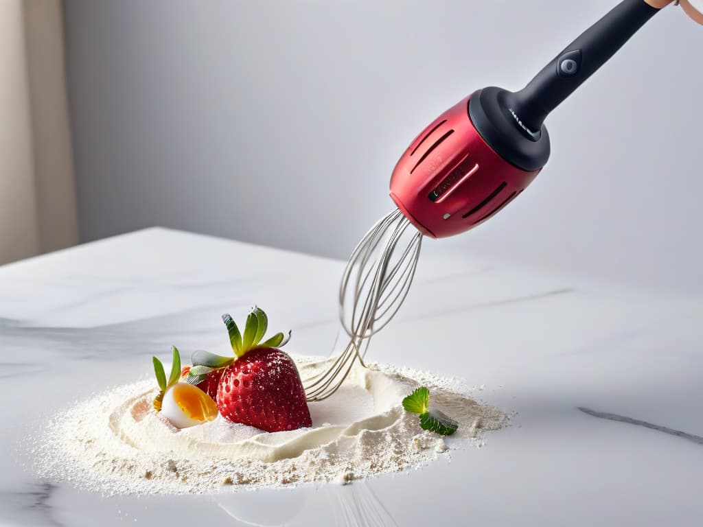  An ultradetailed image of a sleek, modern electric whisk with a matte black handle and polished stainless steel beaters, resting on a marble countertop under soft, diffused lighting. The whisk is surrounded by a scattering of flour dust, a few eggs in a ceramic bowl, and a splash of vibrant red strawberries, all meticulously arranged to create a visually striking yet minimalistic composition. hyperrealistic, full body, detailed clothing, highly detailed, cinematic lighting, stunningly beautiful, intricate, sharp focus, f/1. 8, 85mm, (centered image composition), (professionally color graded), ((bright soft diffused light)), volumetric fog, trending on instagram, trending on tumblr, HDR 4K, 8K