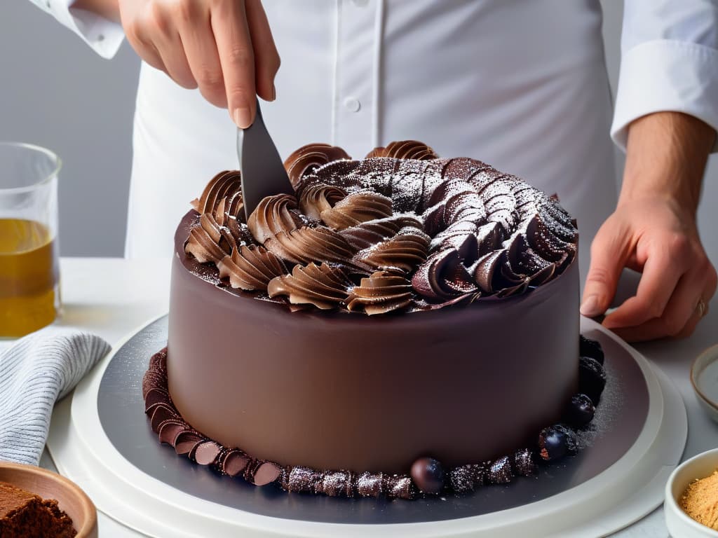  An ultradetailed image of a handson demonstration in a modern kitchen setting, showcasing the stepbystep process of creating a decadent sugarfree chocolate cake. The image zooms in on a pair of hands expertly mixing ingredients in sleek, stainless steel bowls, with precise measurements displayed on digital scales. The background features neatly organized kitchen tools and elegant packaging of sugar substitutes, emphasizing the artistry and precision required in diabeticfriendly advanced baking. hyperrealistic, full body, detailed clothing, highly detailed, cinematic lighting, stunningly beautiful, intricate, sharp focus, f/1. 8, 85mm, (centered image composition), (professionally color graded), ((bright soft diffused light)), volumetric fog, trending on instagram, trending on tumblr, HDR 4K, 8K