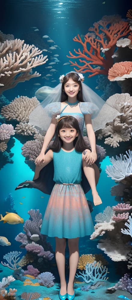  masterpiece, best quality, Most Beautiful in deep sea teeming with vibrant corals, diverse marine life, and enchanting underwater landscapes, full of corals, acrophore, small fishes, anemones, dolphin, various algaes, caves, colorful,all captured in stunning 8k resolution with intricate details,short dress.