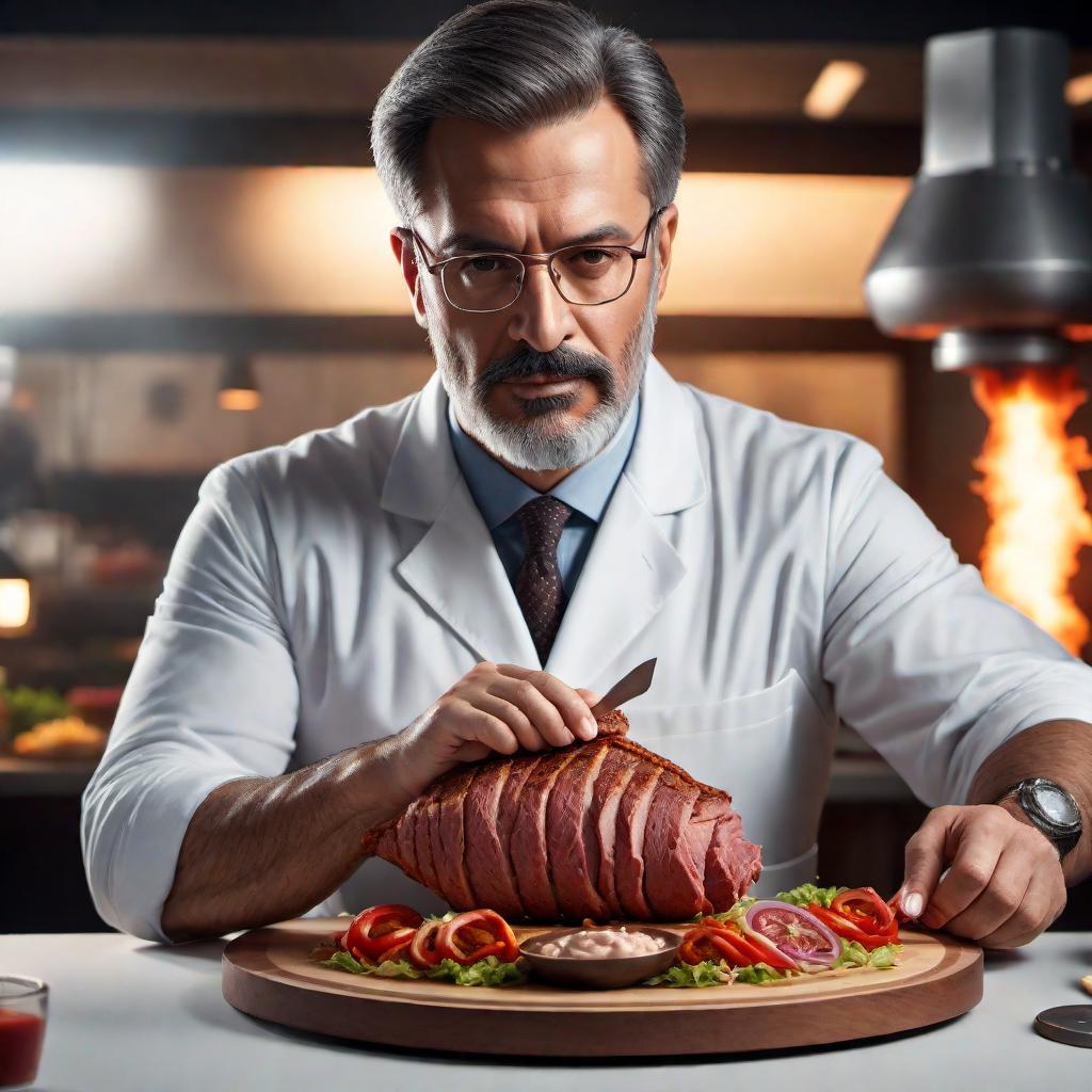  A physics professor cutting an hourglass shaped Turkish doner kebab hyperrealistic, full body, detailed clothing, highly detailed, cinematic lighting, stunningly beautiful, intricate, sharp focus, f/1. 8, 85mm, (centered image composition), (professionally color graded), ((bright soft diffused light)), volumetric fog, trending on instagram, trending on tumblr, HDR 4K, 8K