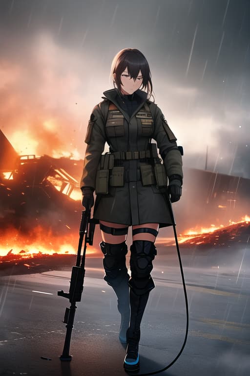  1girl, military outfit, machine gun, blood, dark skies, burning buildings, guard dog, rain and lighting hyperrealistic, full body, detailed clothing, highly detailed, cinematic lighting, stunningly beautiful, intricate, sharp focus, f/1. 8, 85mm, (centered image composition), (professionally color graded), ((bright soft diffused light)), volumetric fog, trending on instagram, trending on tumblr, HDR 4K, 8K