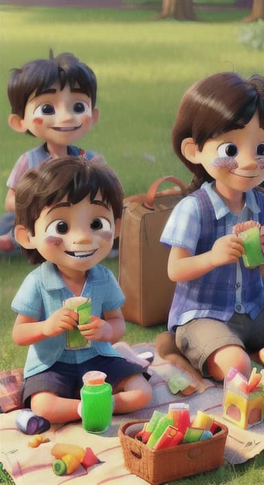  {Kids sitting around a picnic blanket, enjoying juice boxes and snacks., Children happily eating snacks, with crumbs on their faces and big smiles.