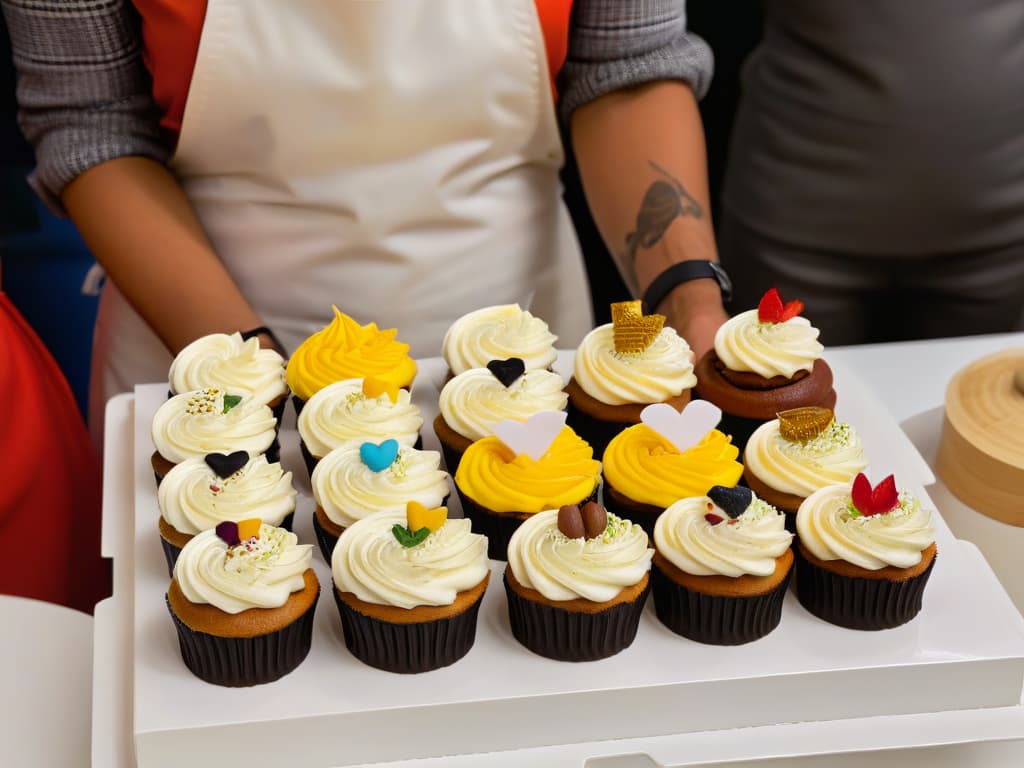  A closeup, ultradetailed image of a diverse group of individuals of different ages, genders, and ethnicities, each decorating a unique and intricately designed cupcake. The focus is on the intricate details of their hands delicately piping colorful frosting onto the cupcakes, showcasing the artistry and inclusivity of baking. Each person is fully engaged in the creative process, with a backdrop of a sleek, modern kitchen setting emphasizing the theme of inclusivity in baking competitions. hyperrealistic, full body, detailed clothing, highly detailed, cinematic lighting, stunningly beautiful, intricate, sharp focus, f/1. 8, 85mm, (centered image composition), (professionally color graded), ((bright soft diffused light)), volumetric fog, trending on instagram, trending on tumblr, HDR 4K, 8K