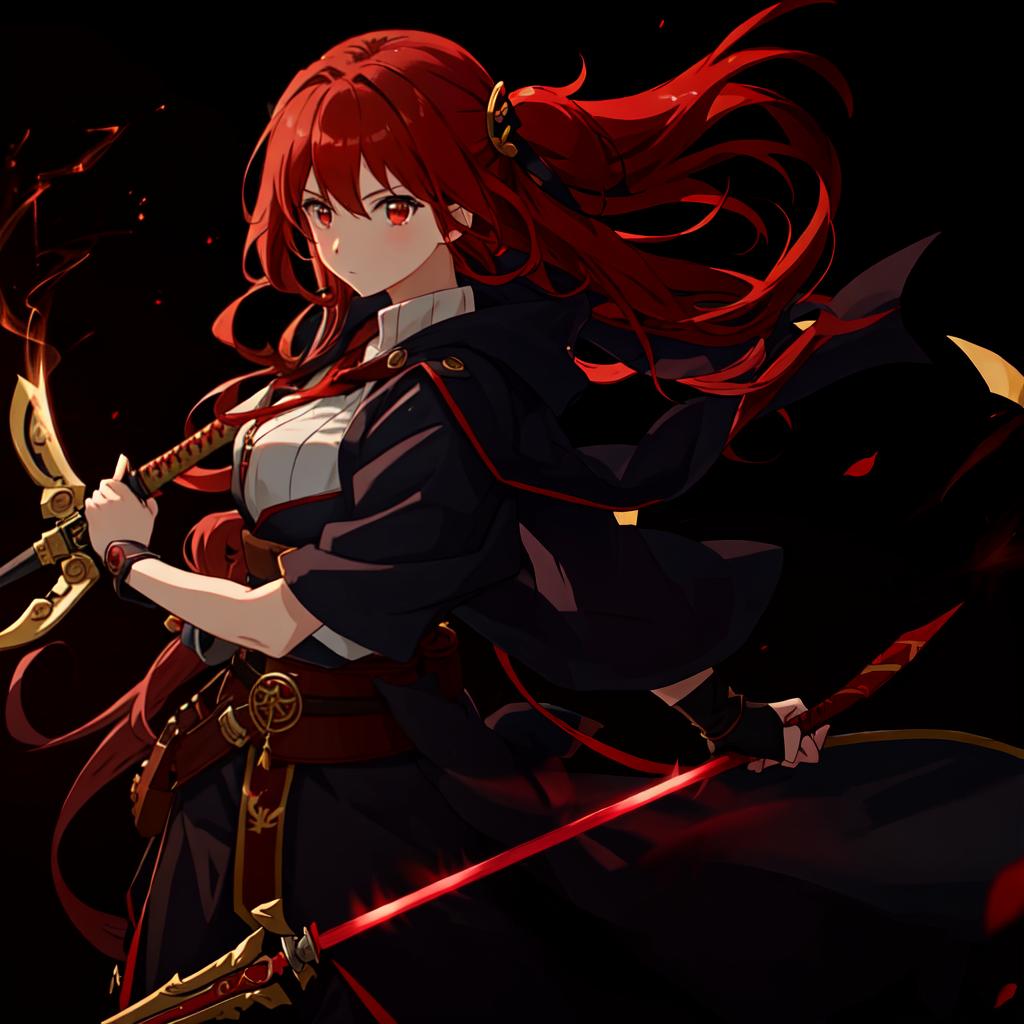  in an anime style, girl, beautiful, ancient clothing,red hair, holding twin swords,dark background with lightening