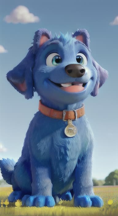  {A happy, big blue dog wagging its tail in a colorful meadow, The big blue dog is large with sky blue fur, big round eyes, a black nose, and floppy ears.