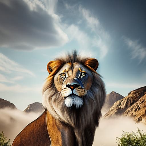  cyborg lion hyperrealistic, full body, detailed clothing, highly detailed, cinematic lighting, stunningly beautiful, intricate, sharp focus, f/1. 8, 85mm, (centered image composition), (professionally color graded), ((bright soft diffused light)), volumetric fog, trending on instagram, trending on tumblr, HDR 4K, 8K